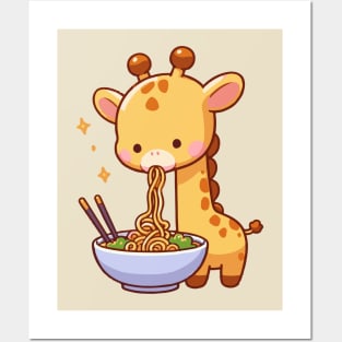 Cute giraffe eat a bowl of ramen Posters and Art